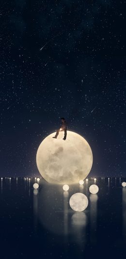 [2436x1125]月球 倒影 男孩 漫画 夜 孤独 苹果手机动漫壁纸图片