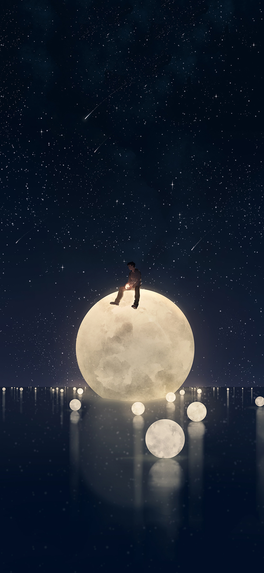 [2436×1125]月球 倒影 男孩 漫画 夜 孤独 苹果手机动漫壁纸图片