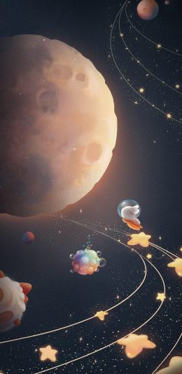 [2436x1125]月球 兔子 奔月 星星 苹果手机动漫壁纸图片