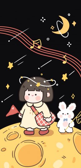 [2436x1125]月球 小女孩 兔子 小红旗 可爱 ROROJUMP肉肉酱 苹果手机动漫壁纸图片