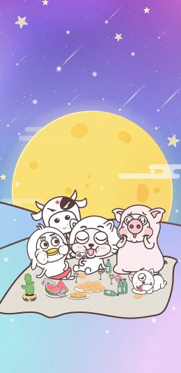 [2436x1125]月球 小恭猪 团圆 月饼 苹果手机动漫壁纸图片