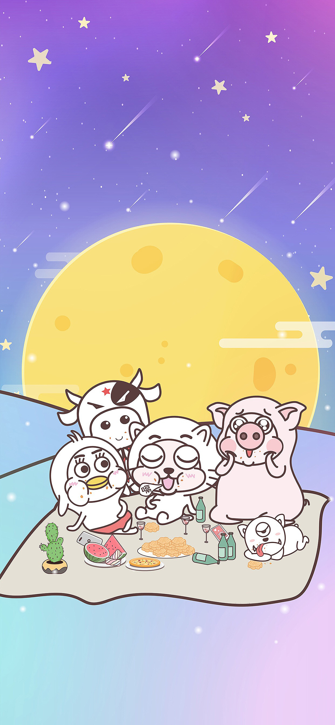 [2436×1125]月球 小恭猪 团圆 月饼 苹果手机动漫壁纸图片