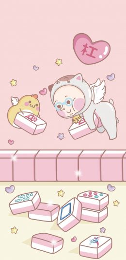 [2436x1125]杠 麻将 卡通 粉色 可爱 爱心 苹果手机动漫壁纸图片