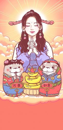 [2436x1125]杨超越 好运 锦鲤 蛋獭君 苹果手机动漫壁纸图片