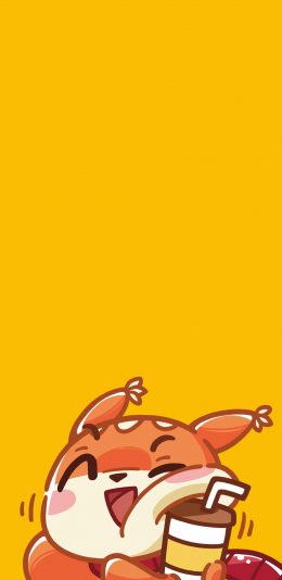 [2436x1125]松鼠 可爱 卡通 饮料 黄色 苹果手机动漫壁纸图片