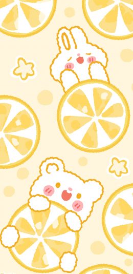 [2436x1125]柠檬 清新 黄 小熊 平铺 苹果手机动漫壁纸图片