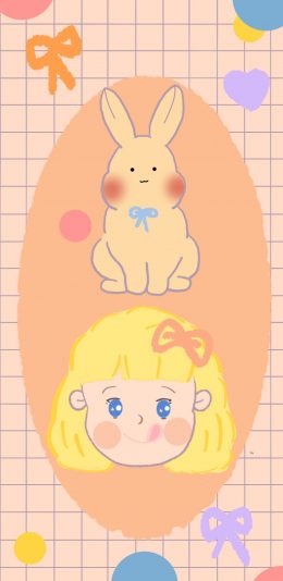 [2436x1125]格子 卡通 女孩 兔子 苹果手机动漫壁纸图片