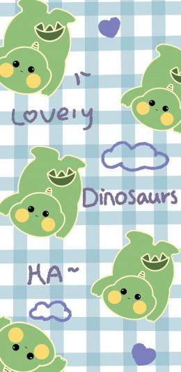 [2436x1125]格子 小恐龙 可爱 平铺（取自微博：王多鱼耶） 苹果手机动漫壁纸图片
