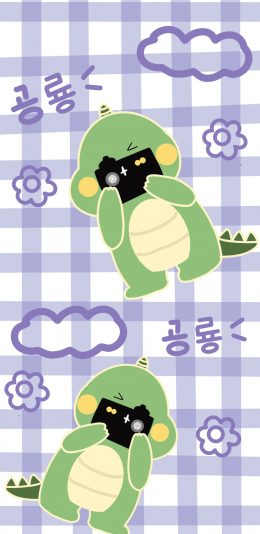 [2436x1125]格子 小恐龙 可爱 格子（取自微博：王多鱼耶） 苹果手机动漫壁纸图片