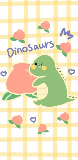 [2436x1125]格子 小恐龙 可爱 桃子（取自微博：王多鱼耶） 苹果手机动漫壁纸图片