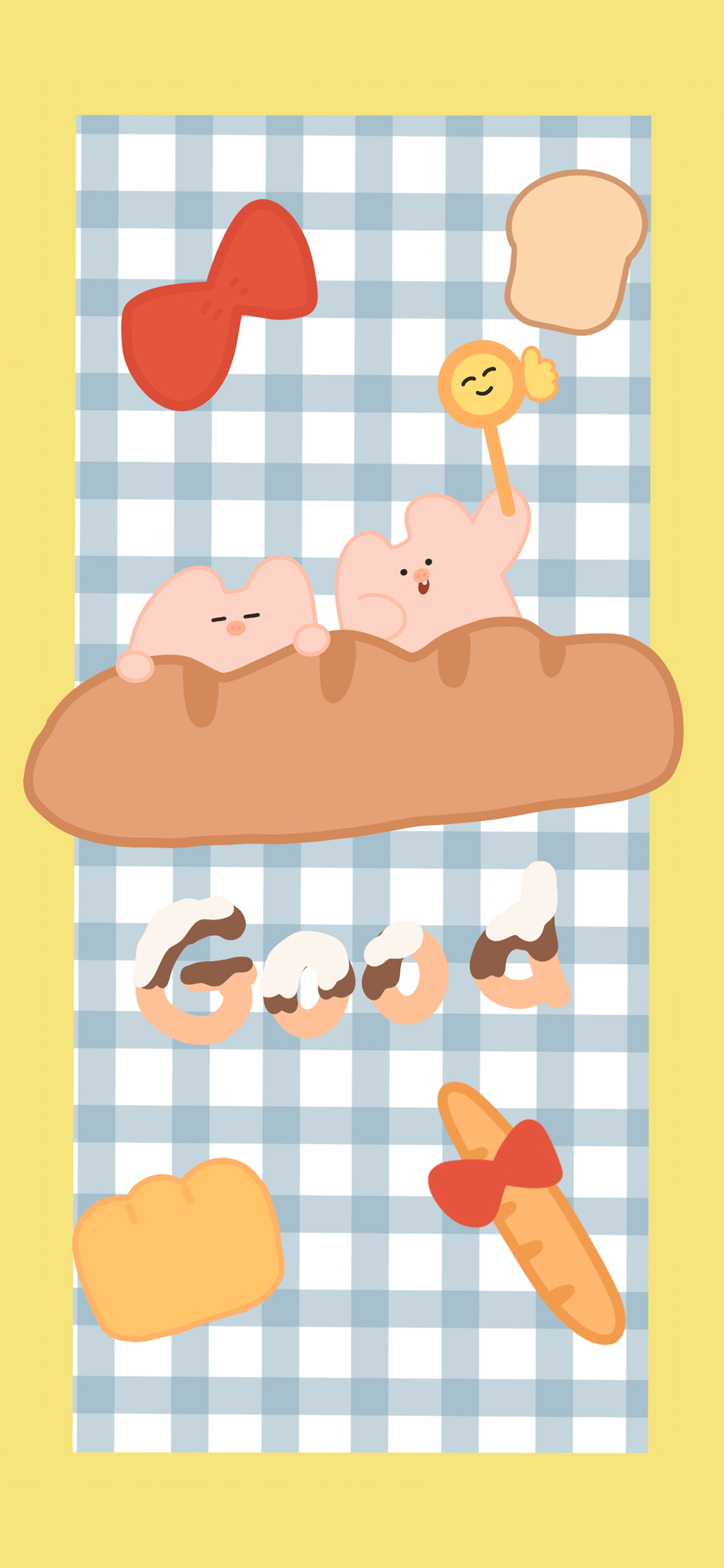 [2436×1125]格子北极 卡通 小猪 good（取自微博：请你吃番茄呀） 苹果手机动漫壁纸图片