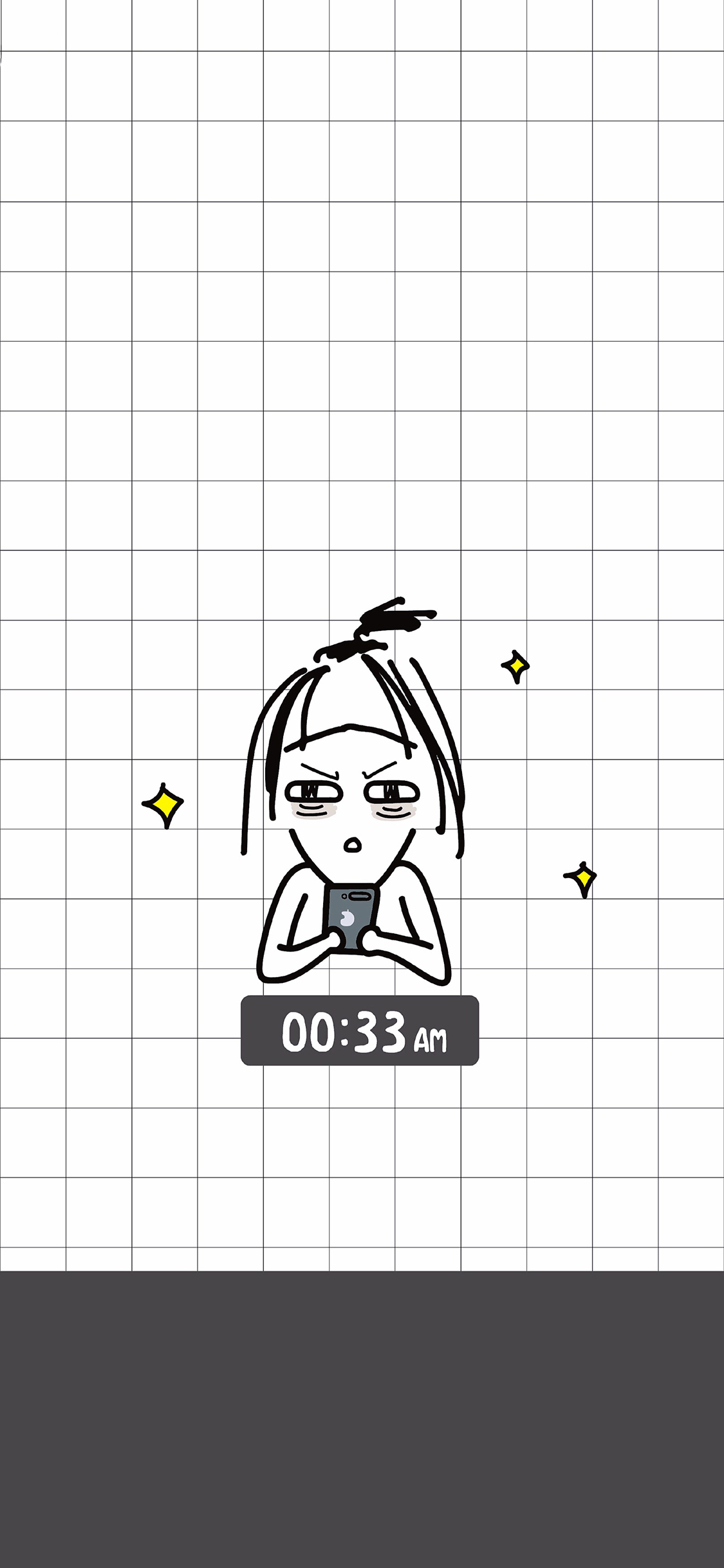 [2436×1125]格子背景 丑女孩 熬夜 黑眼圈 苹果手机动漫壁纸图片