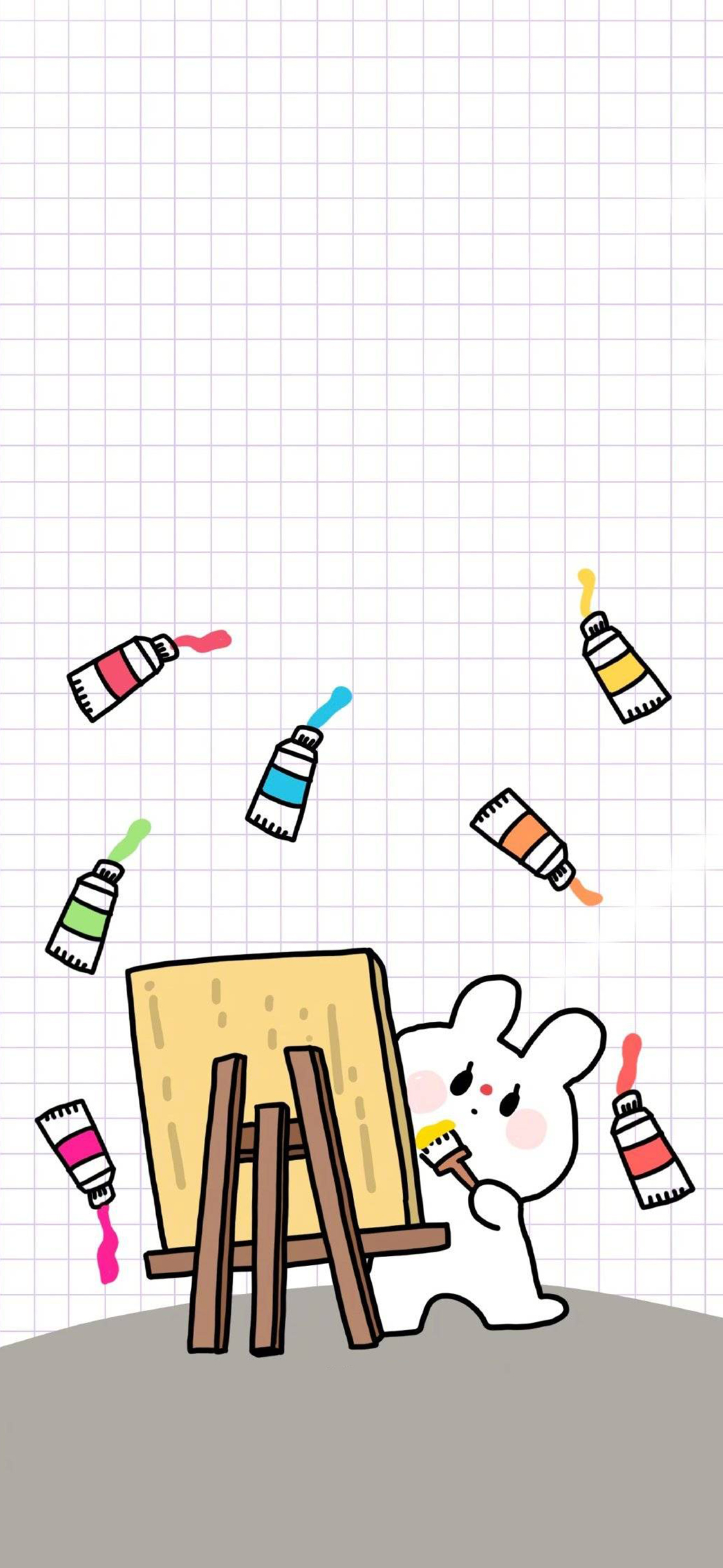 [2436×1125]格子背景 兔子 画画 颜料 苹果手机动漫壁纸图片