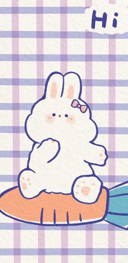 [2436x1125]格子背景 兔子 胡萝卜 hi 苹果手机动漫壁纸图片