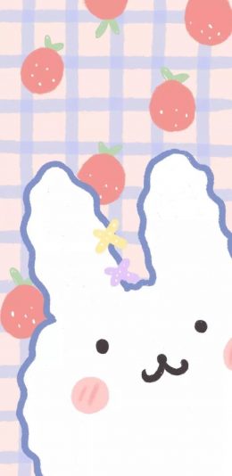 [2436x1125]格子背景 卡通 兔子 草莓 苹果手机动漫壁纸图片