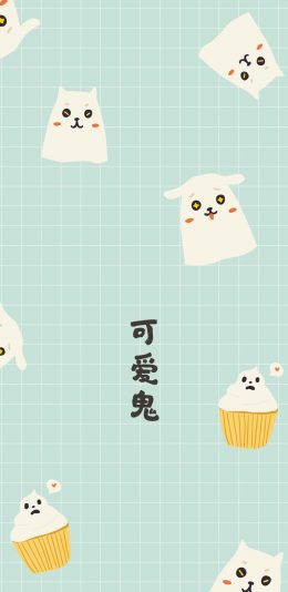 [2436x1125]格子背景 卡通 猫咪 可爱鬼 苹果手机动漫壁纸图片