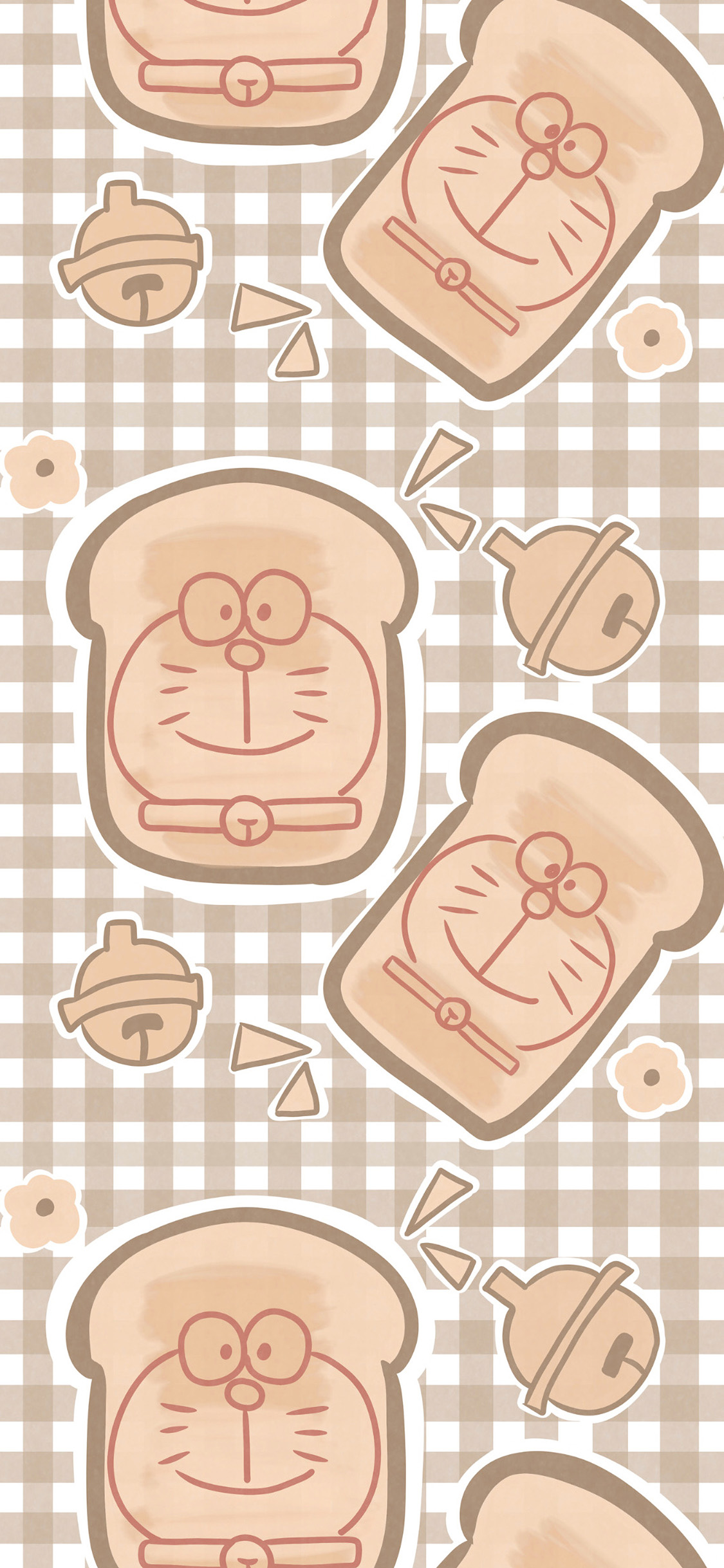 [2436×1125]格子背景 日漫 哆啦A梦 面包（取自微博：寄喜饼给你喔） 苹果手机动漫壁纸图片