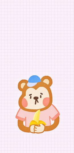 [2436x1125]格子背景 粉色 小猴子 香蕉 卡通 苹果手机动漫壁纸图片