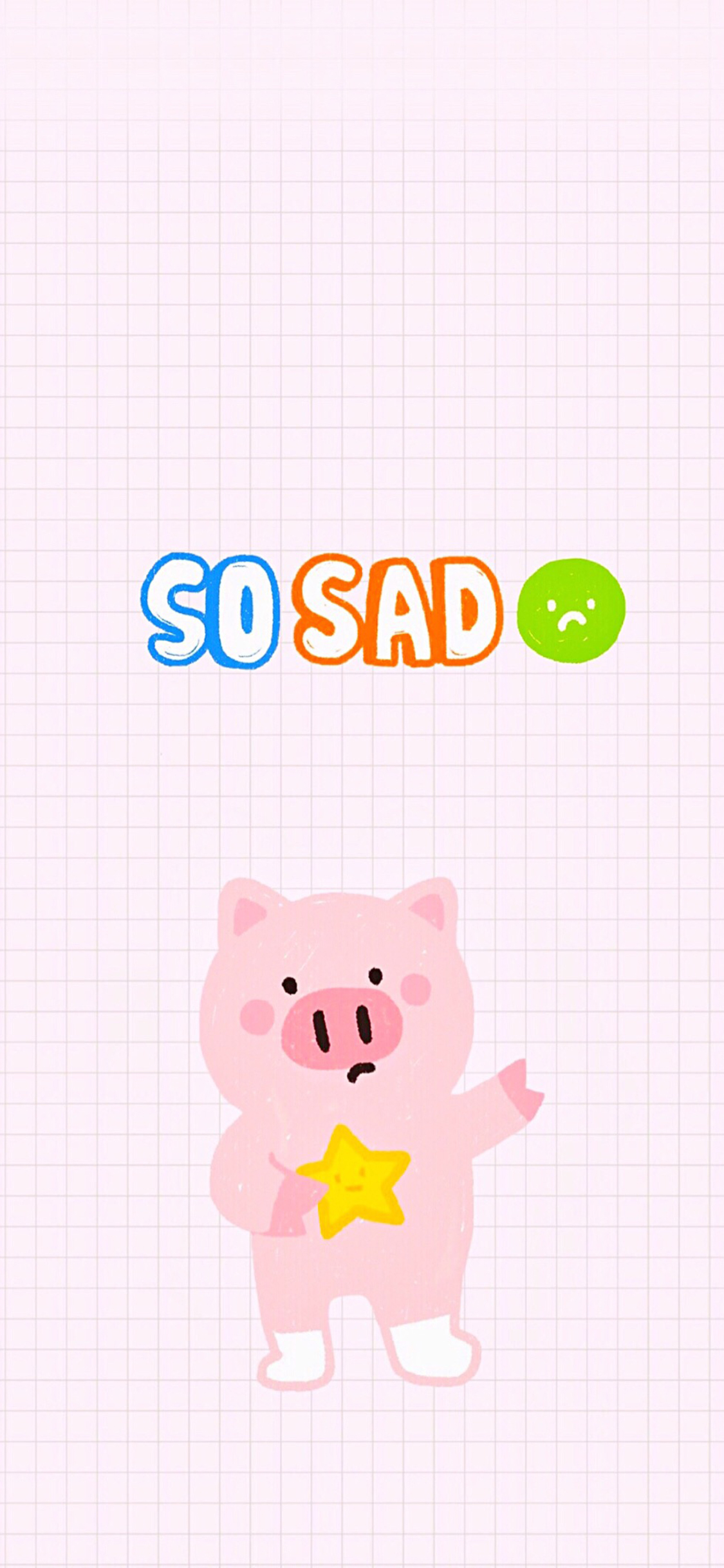 [2436×1125]格子背景 粉色小猪 so sad 苹果手机动漫壁纸图片