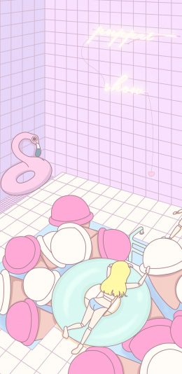 [2436x1125]格子背景 趣味卡通 人偶 火烈鸟 苹果手机动漫壁纸图片