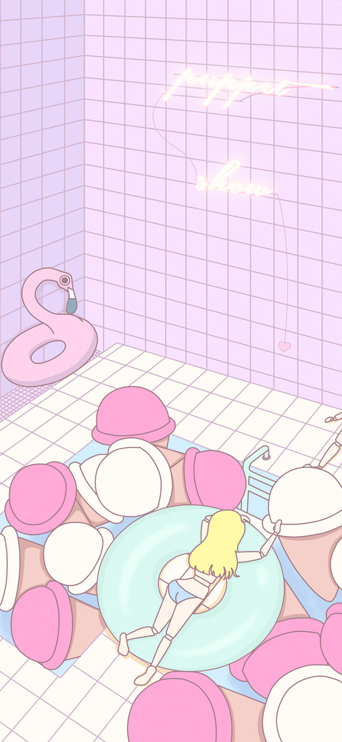 [2436×1125]格子背景 趣味卡通 人偶 火烈鸟 苹果手机动漫壁纸图片