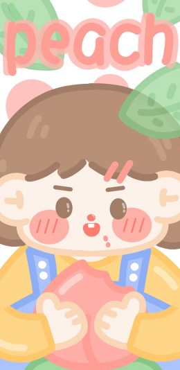 [2436x1125]桃子 小女孩 卡通 叶子 peach 苹果手机动漫壁纸图片