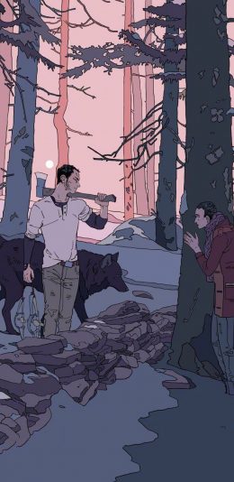 [2436x1125]森林 插画 砍柴 狼 插画师 Cassandra Jean 苹果手机动漫壁纸图片
