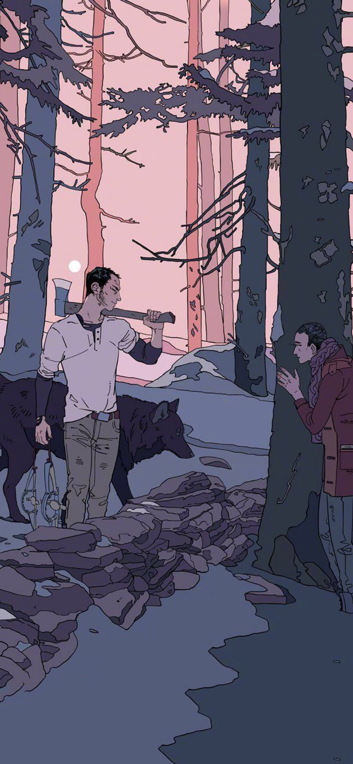 [2436×1125]森林 插画 砍柴 狼 插画师 Cassandra Jean 苹果手机动漫壁纸图片