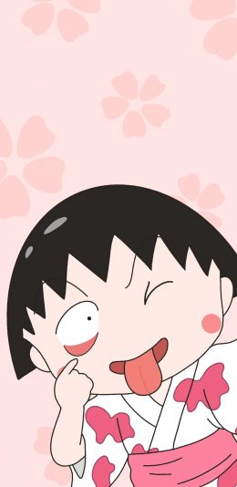 [2436x1125]樱桃小丸子 动画 吐舌 鬼脸 和服 粉色 苹果手机动漫壁纸图片