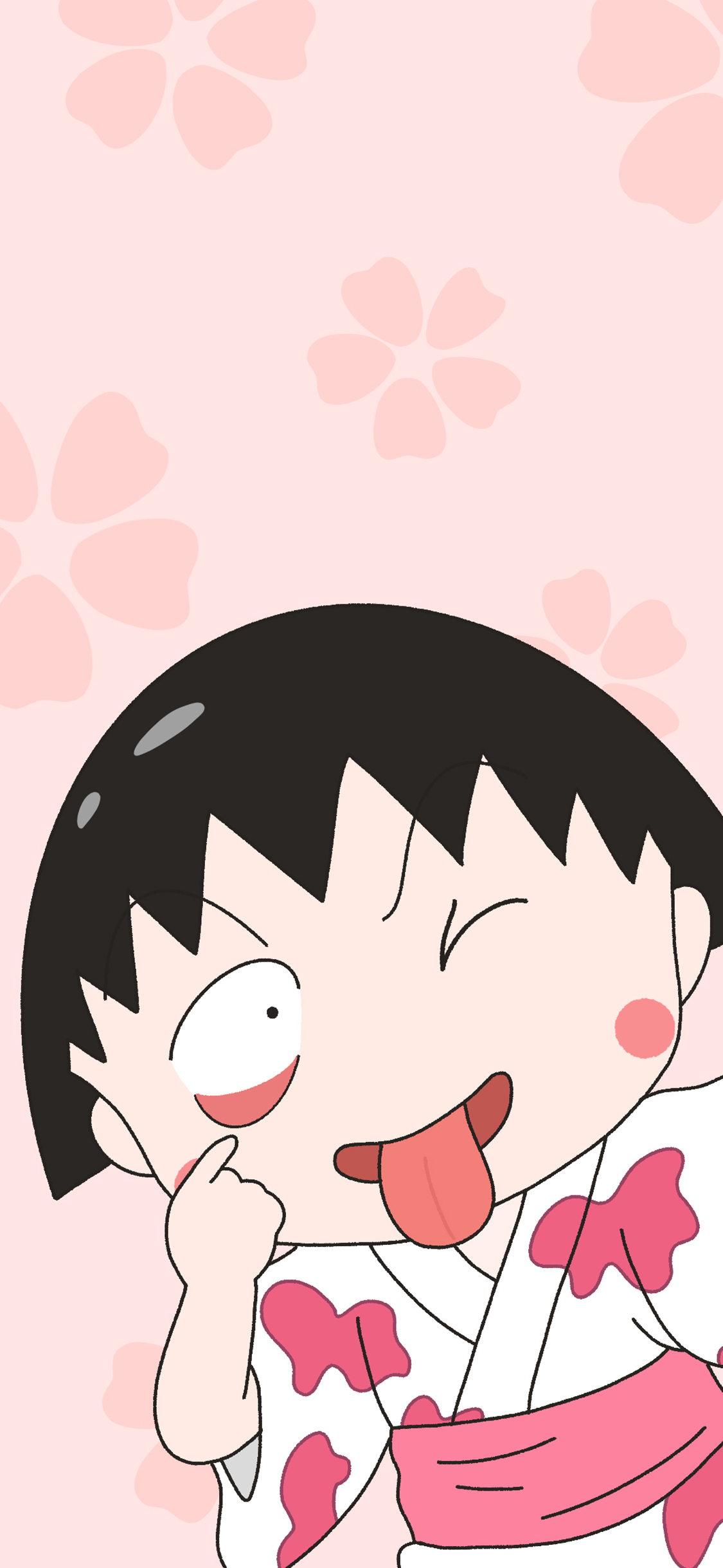 [2436×1125]樱桃小丸子 动画 吐舌 鬼脸 和服 粉色 苹果手机动漫壁纸图片
