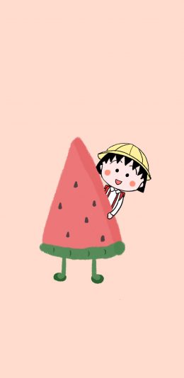 [2436x1125]樱桃小丸子 日本 卡通 西瓜 粉色 苹果手机动漫壁纸图片