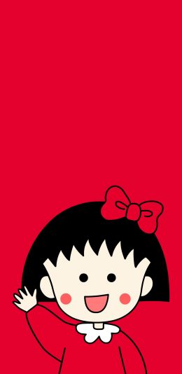 [2436x1125]樱桃小丸子 红色 卡通 挥手 可爱 苹果手机动漫壁纸图片