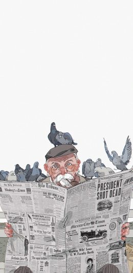 [2436x1125]欧美 老头 报纸 信鸽 苹果手机动漫壁纸图片