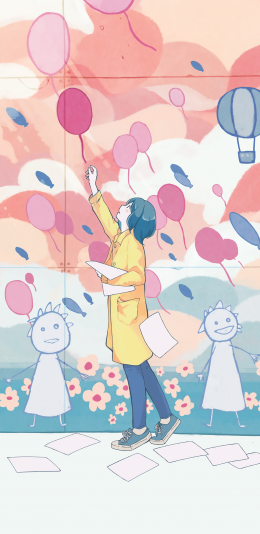 [2436x1125]气球 女孩 色彩 纸 涂鸦墙 苹果手机动漫壁纸图片