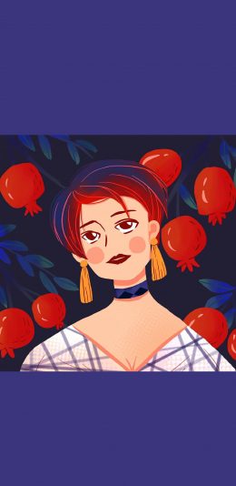 [2436x1125]水果女孩 石榴 蓝色调 苹果手机动漫壁纸图片
