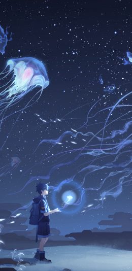 [2436x1125]水母 男子 二次元 漫画 星空 苹果手机动漫壁纸图片