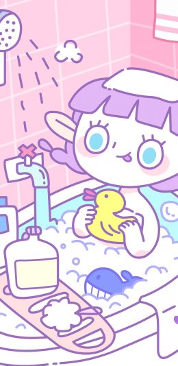 [2436x1125]沐浴 洗澡 女孩 粉色 泡澡 浴缸 苹果手机动漫壁纸图片