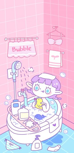 [2436x1125]沐浴 洗澡 女孩 粉色 浴缸 泡澡 苹果手机动漫壁纸图片