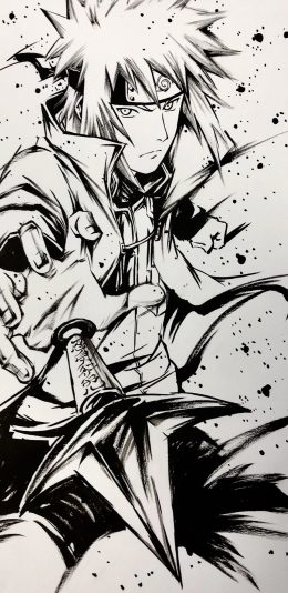 [2436x1125]波风水门 黑白 漩涡鸣人 绘画 苹果手机动漫壁纸图片