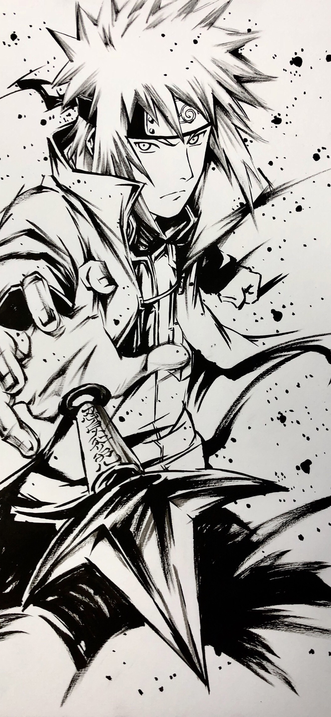 [2436×1125]波风水门 黑白 漩涡鸣人 绘画 苹果手机动漫壁纸图片