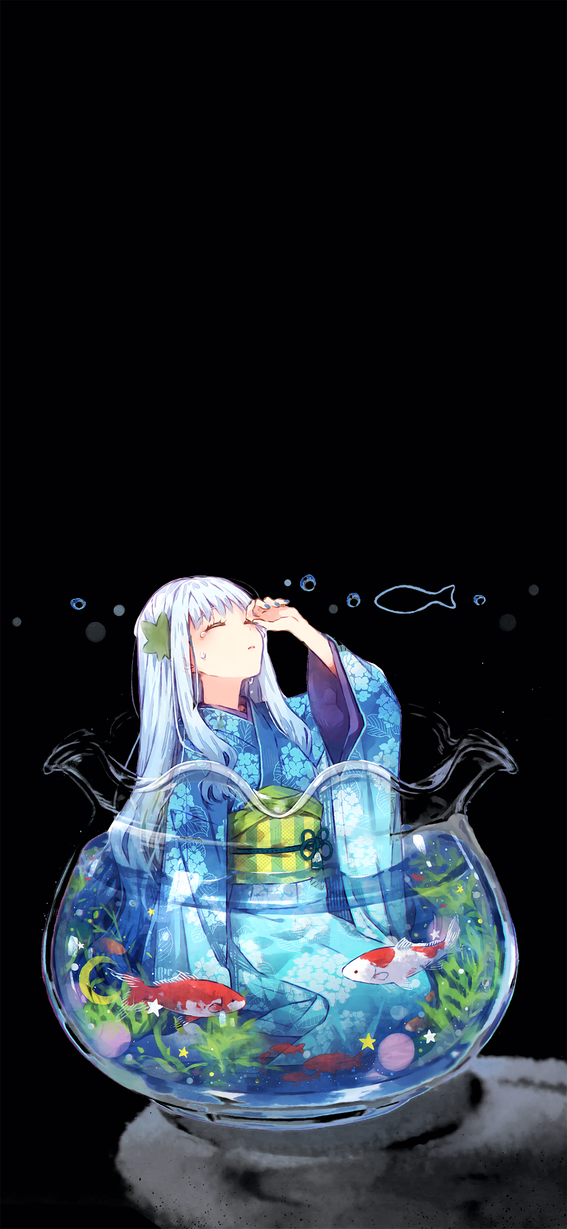 [2436×1125]浴缸 金鱼 和风女孩 二次元 苹果手机动漫壁纸图片