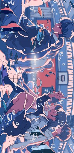 [2436x1125]海底世界 男孩 女孩 蓝色 鱼 漫画 苹果手机动漫壁纸图片