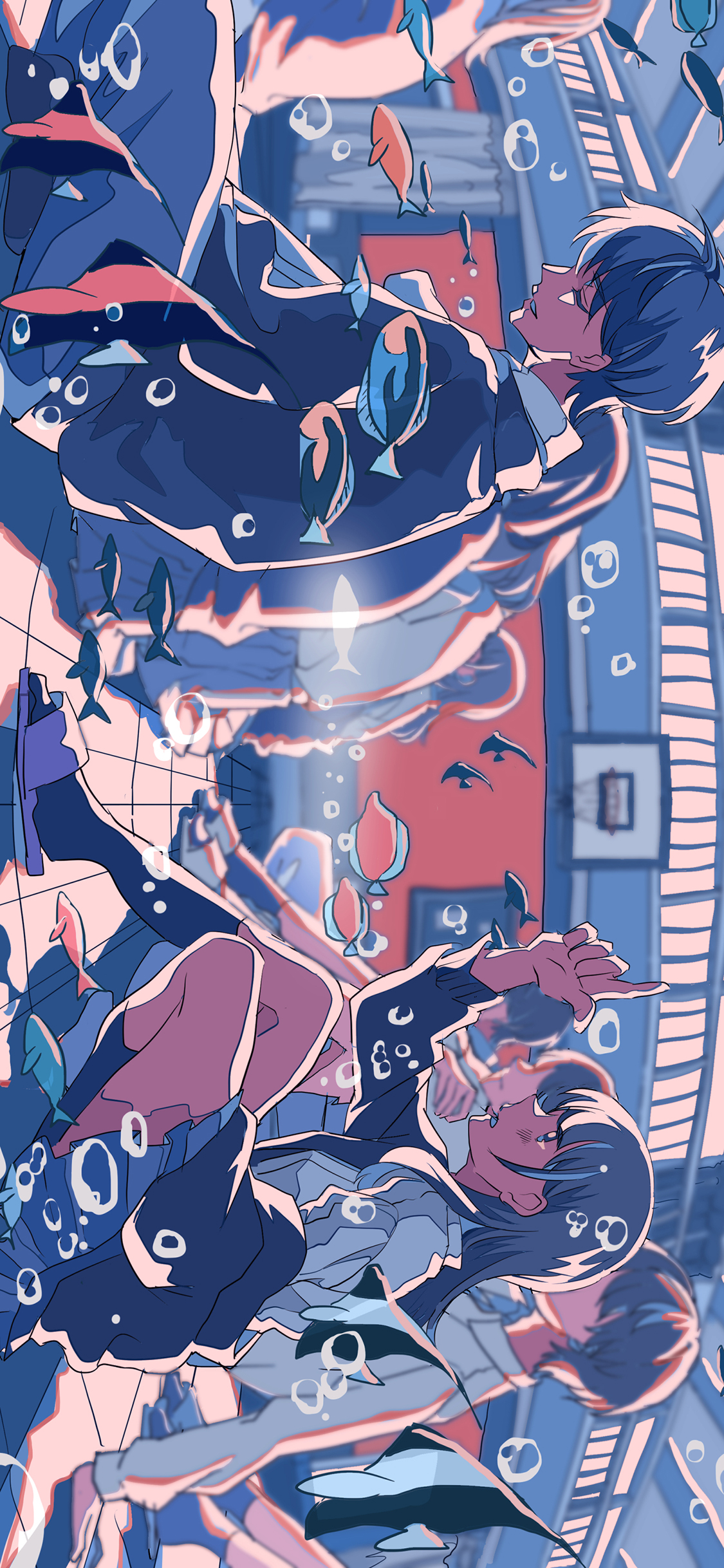 [2436×1125]海底世界 男孩 女孩 蓝色 鱼 漫画 苹果手机动漫壁纸图片