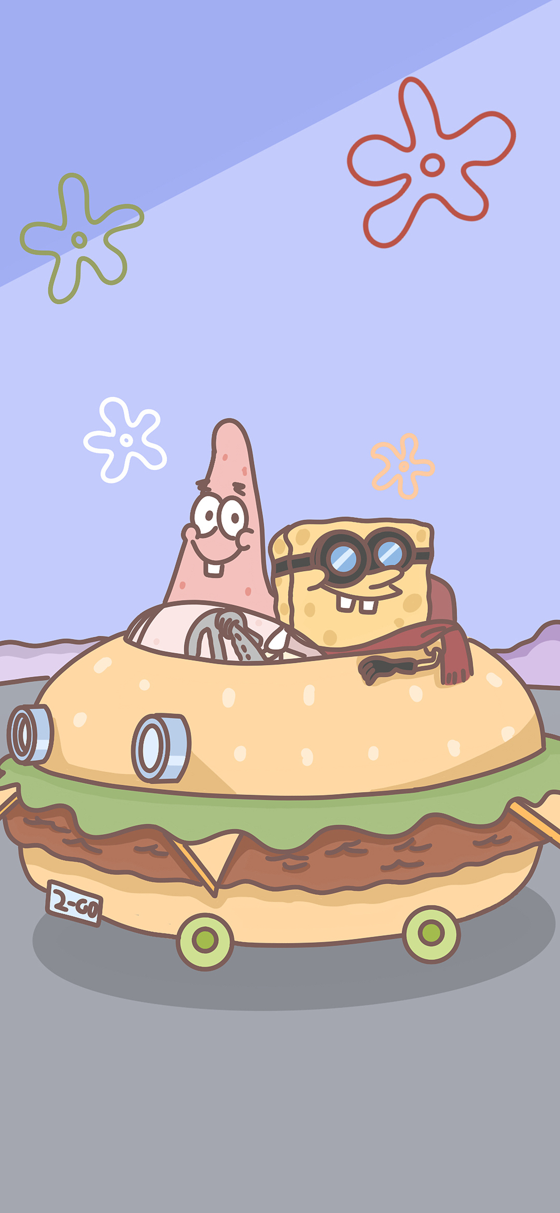 [2436×1125]海绵宝宝 动画 派大星 汉堡 苹果手机动漫壁纸图片
