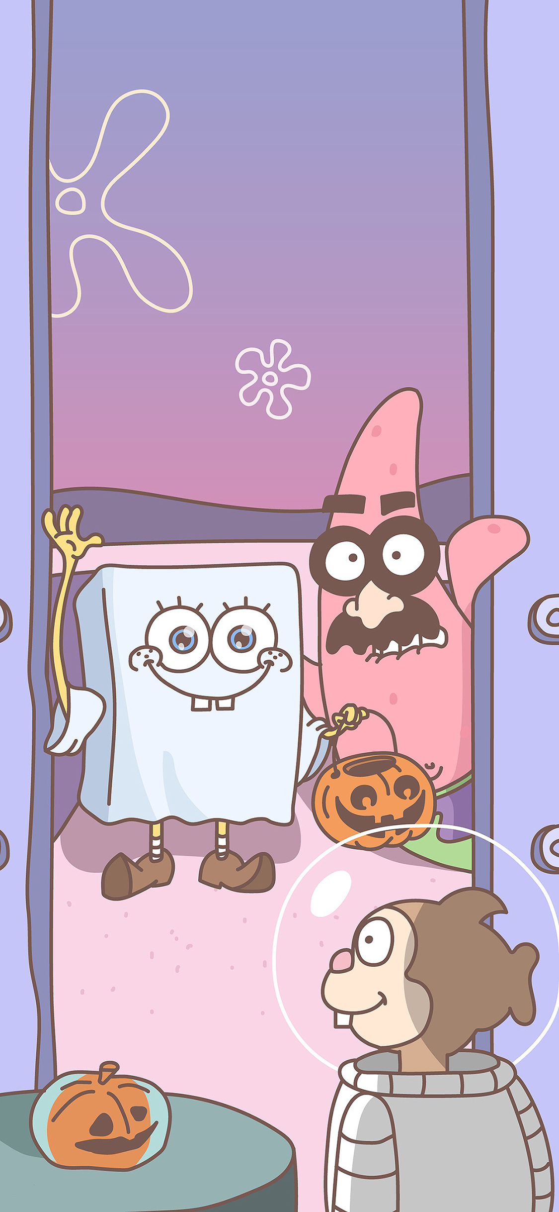 [2436×1125]海绵宝宝 动画 装扮 派大星 苹果手机动漫壁纸图片