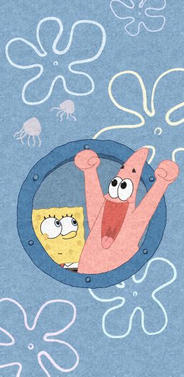 [2436x1125]海绵宝宝 派大星 水母 蓝色 动画 苹果手机动漫壁纸图片