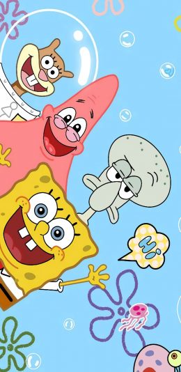 [2436x1125]海绵宝宝 派大星 章鱼哥 蓝色 动画 苹果手机动漫壁纸图片