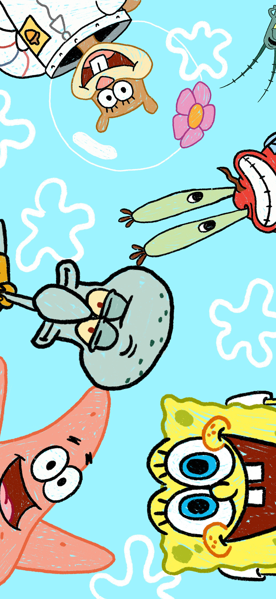 [2436×1125]海绵宝宝 派大星 蟹老板 苹果手机动漫壁纸图片