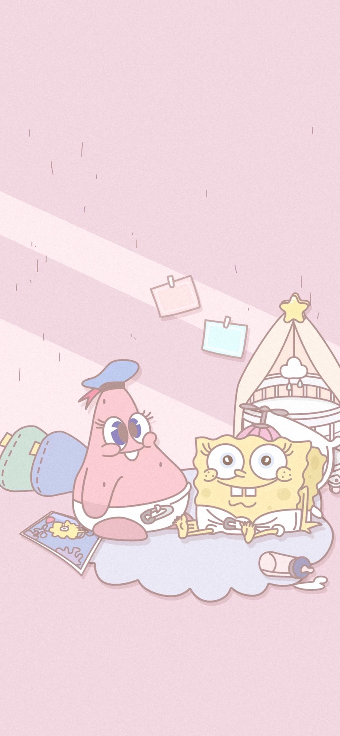 [2436×1125]海绵宝宝 粉色 卡通 可爱 派大星 苹果手机动漫壁纸图片