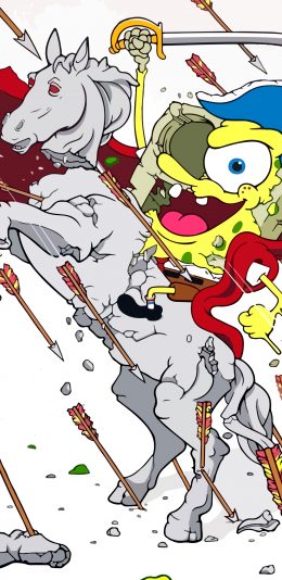 [2436x1125]海绵宝宝 黑化版 骑马 打仗 苹果手机动漫壁纸图片